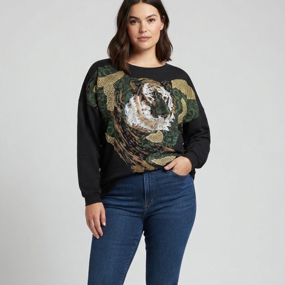 Vintage Plumo Tiger Sweatshirt Top Womens Size M Black Graphic Streetwear Retro